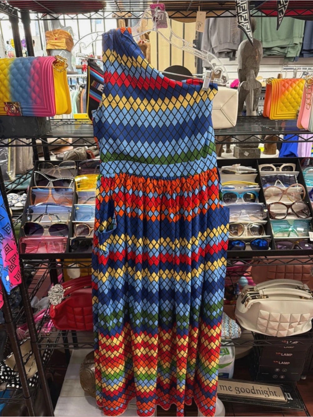 Colorful One-Shoulder Diamond Print Maxi Dress